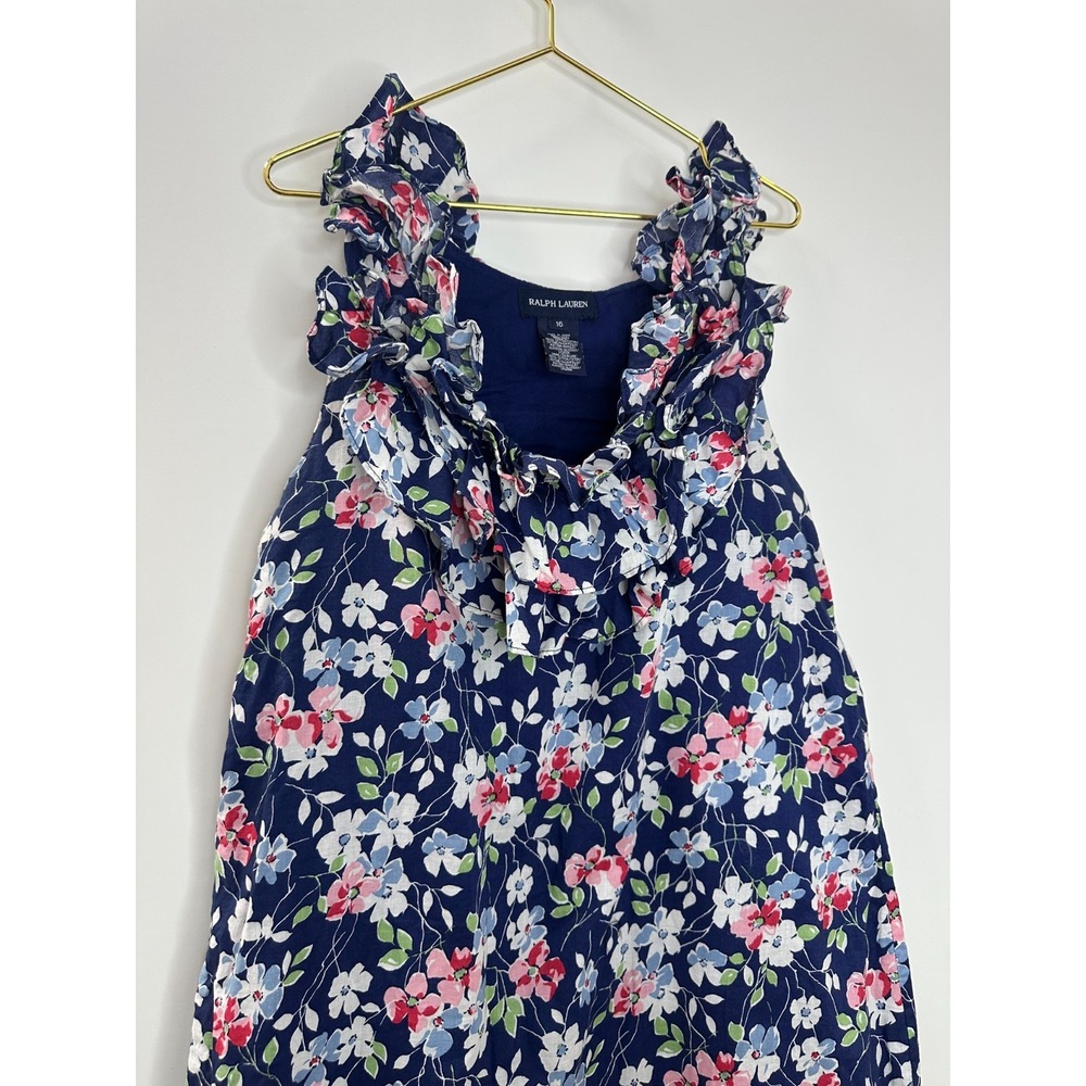 Ralph Lauren Girls Navy Blue Pink Floral Ruffle Cotton Sundress Size 16 Kids - Picture 3 of 11